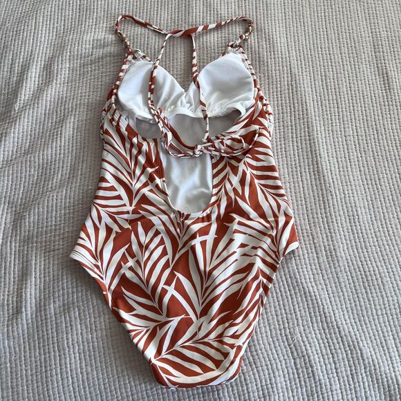 Shade & Shore Swimsuit Womens Medium Rust White Palm Leaf One Piece Strappy Back - Picture 2 of 7